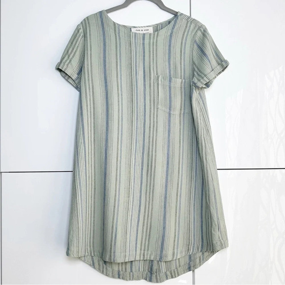 cloth & stone Dresses & Skirts - Cloth & Stone Linen Blend Tunic Dress Striped Short Sleeve Size Small Sage Green